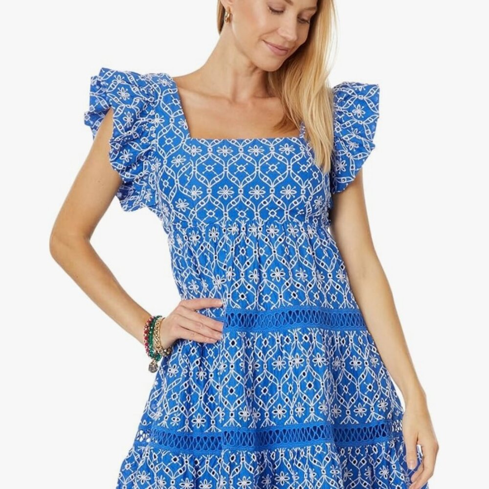 Lilly Pulitzer MORRIE Dress Size 8crochet Grotto Flutter Eyelet tiered peasant